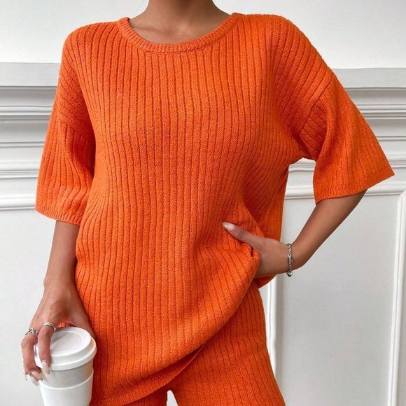 . Sweaters - Orange Boho Womens Drop Shoulder Sweater & Knit Shorts